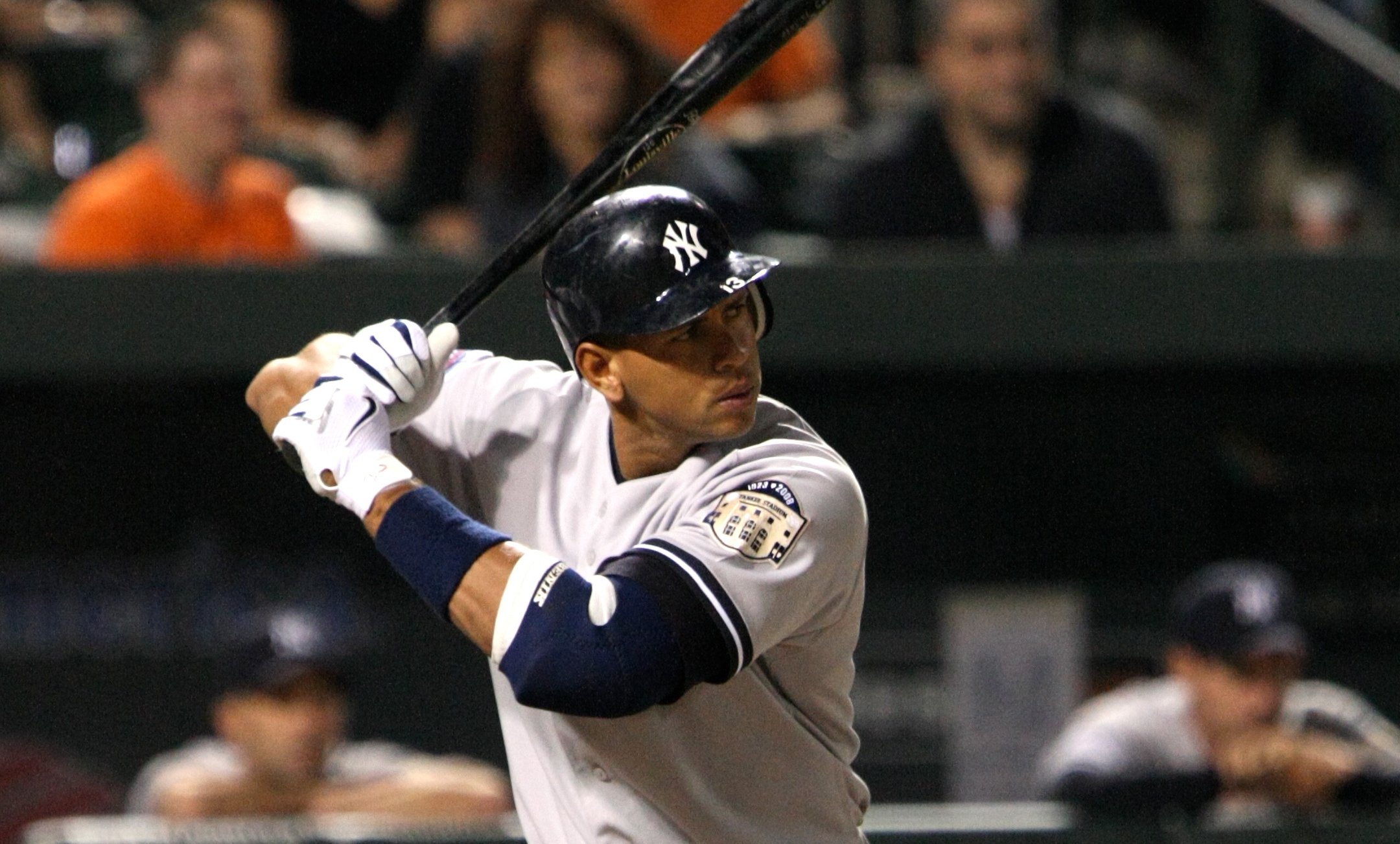 Alex Rodriguez (A-Rod) at bat for the New York Yankees during a game against the Baltimore Orioles