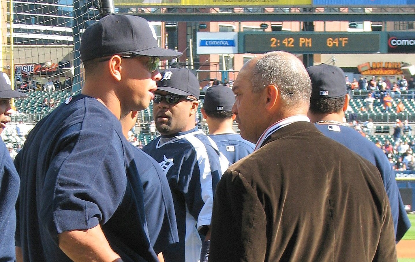 Alex Rodriguez, third baseman with the New York Yankees, talks with Reggie Jackson