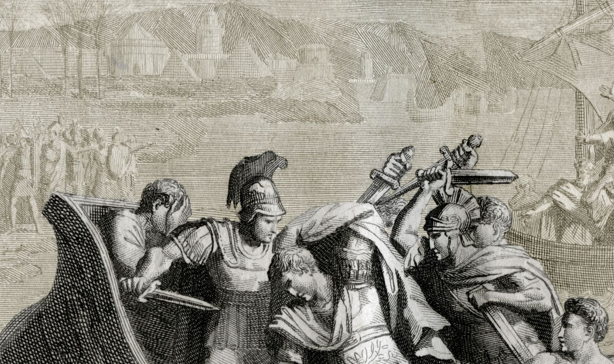 Death of Pompeo Gneo Pompeo Magno (106 BC - 48 BC) military and political Roman, murdered in Egypt September 29, 48 b.C. by hired assassins of King Ptolemy XIII. Table illustrated n. 35 from the 'Roman History' by Charles Rollin (January 30, 1661 - September 14 1741), engraving by Bartolomeo Pinelli and Raffaele Persichini