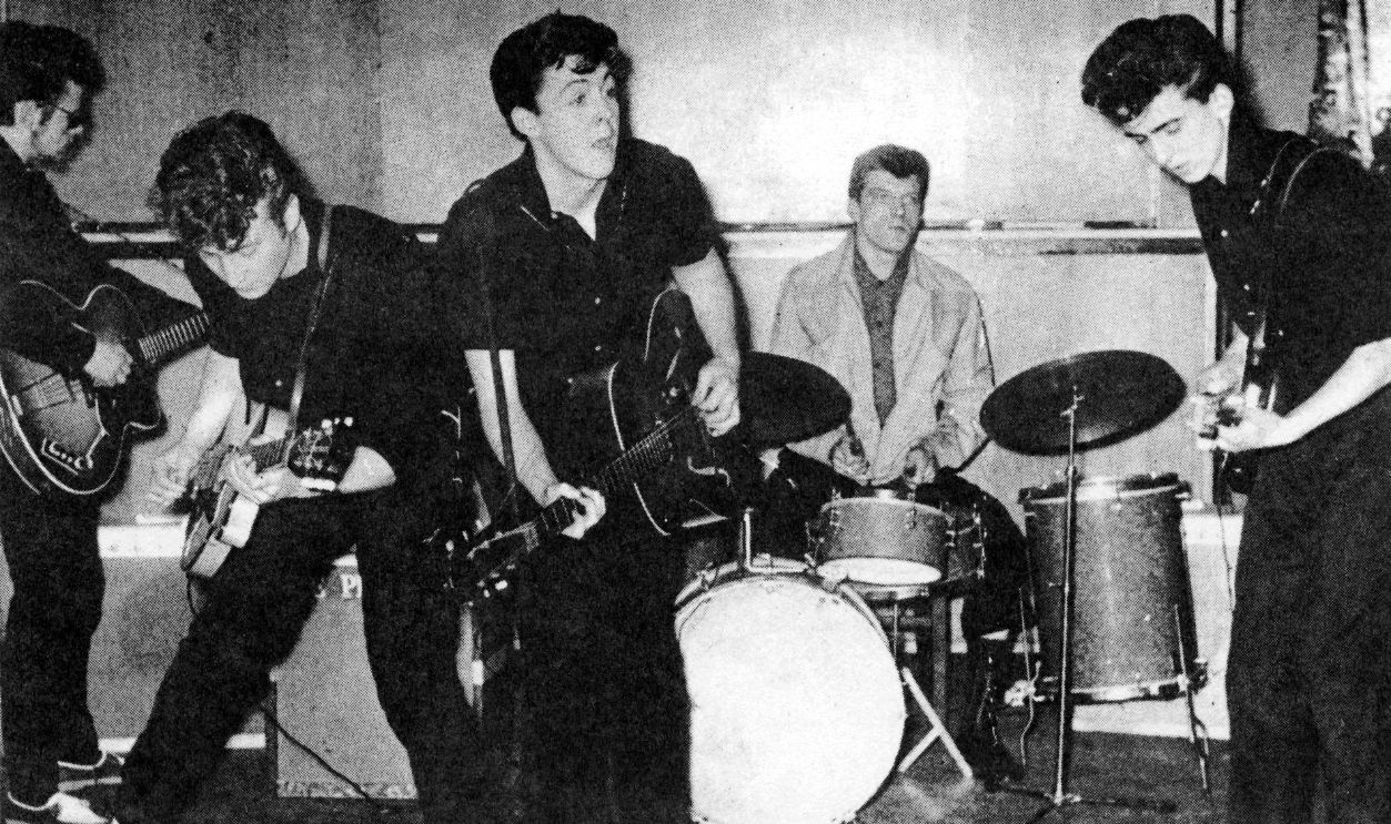 Gettyimages - 82660762, The Silver Beatles LIVERPOOL - 1960: The Silver Beatles (L-R Stu Sutcliffe, John Lennon, Paul McCartney, Johnny Hutch and George Harrison) on stage in 1960 in Liverpool England. The drummer Johnny Hutch was sitting in as they did not have a regular drummer that day. 