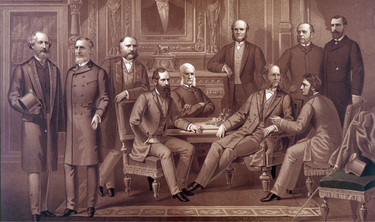 Gettyimages - 646447602, American financiers, industrialists and bankers, 1882 The kings of Wall Street Published 1882. Illustration depicting famous American financiers and industrialists and bankers. From left Cyrus Westfield, Russell Sage, Rufus Hatch, Jay Gould, Sidney Dillon, Darius, Ogden Mills, William Henry Vanderbilt and August Belmont, George Ballou and James Keane a portrait of Cornelius Vanderbilt hangs above the group.