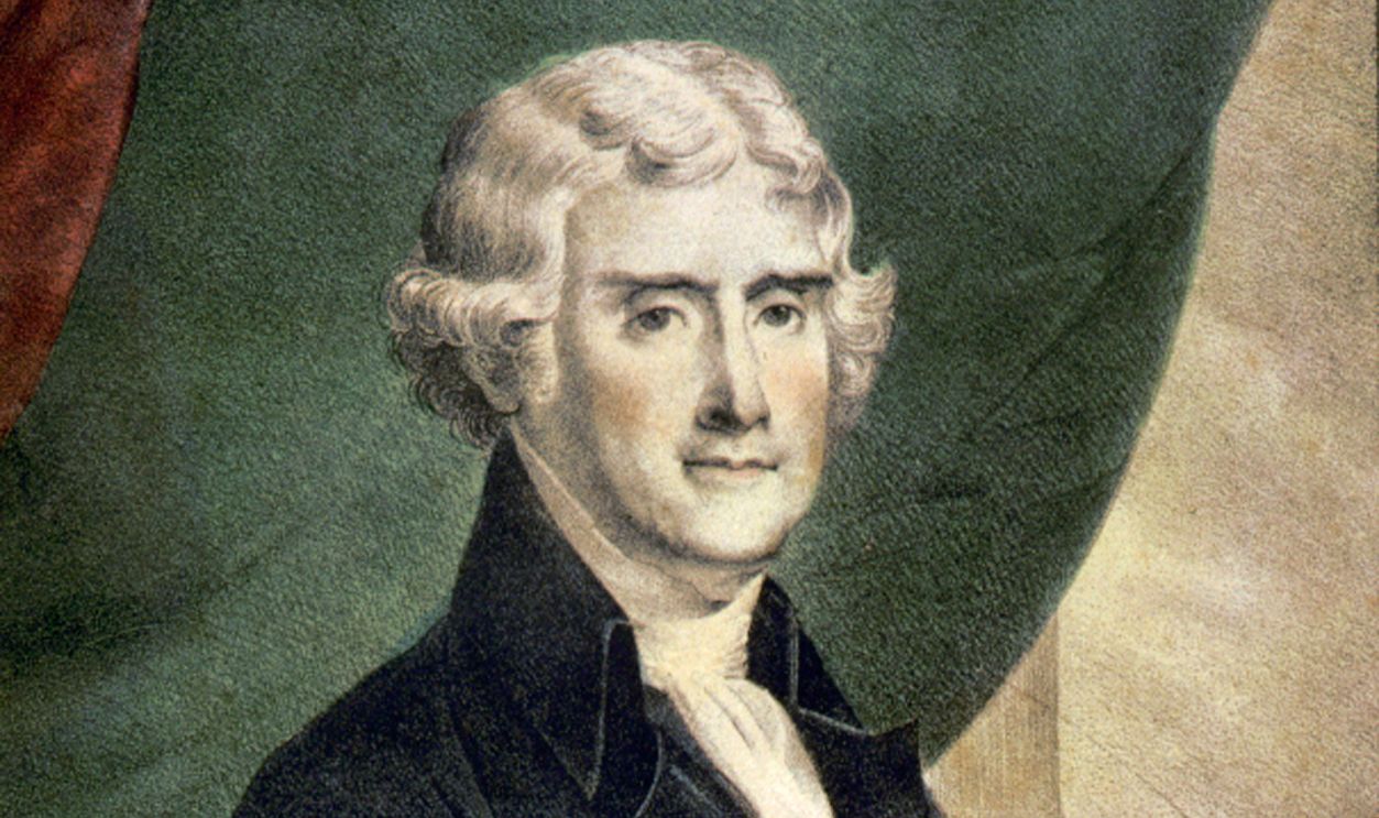 Gettyimages - 113492068, Thomas Jefferson (1743-1826) Third President of the United States 1801-1809. Coloured lithograph half-length portrait of Jefferson seated at desk, c1845. UNSPECIFIED - CIRCA 1801: Thomas Jefferson (1743-1826) Third President of the United States 1801-1809. Coloured lithograph half-length portrait of Jefferson seated at desk, c1845.