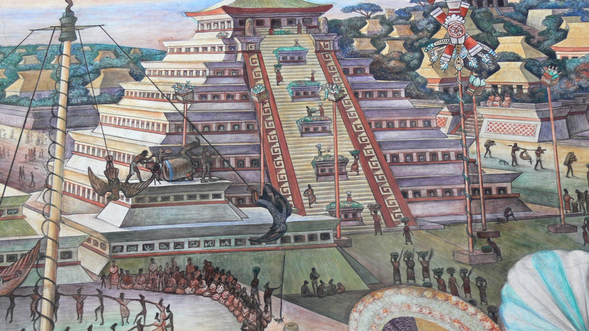 File:Murales Rivera - Indianer vor Tenochtitlan - Pyramide.jpg