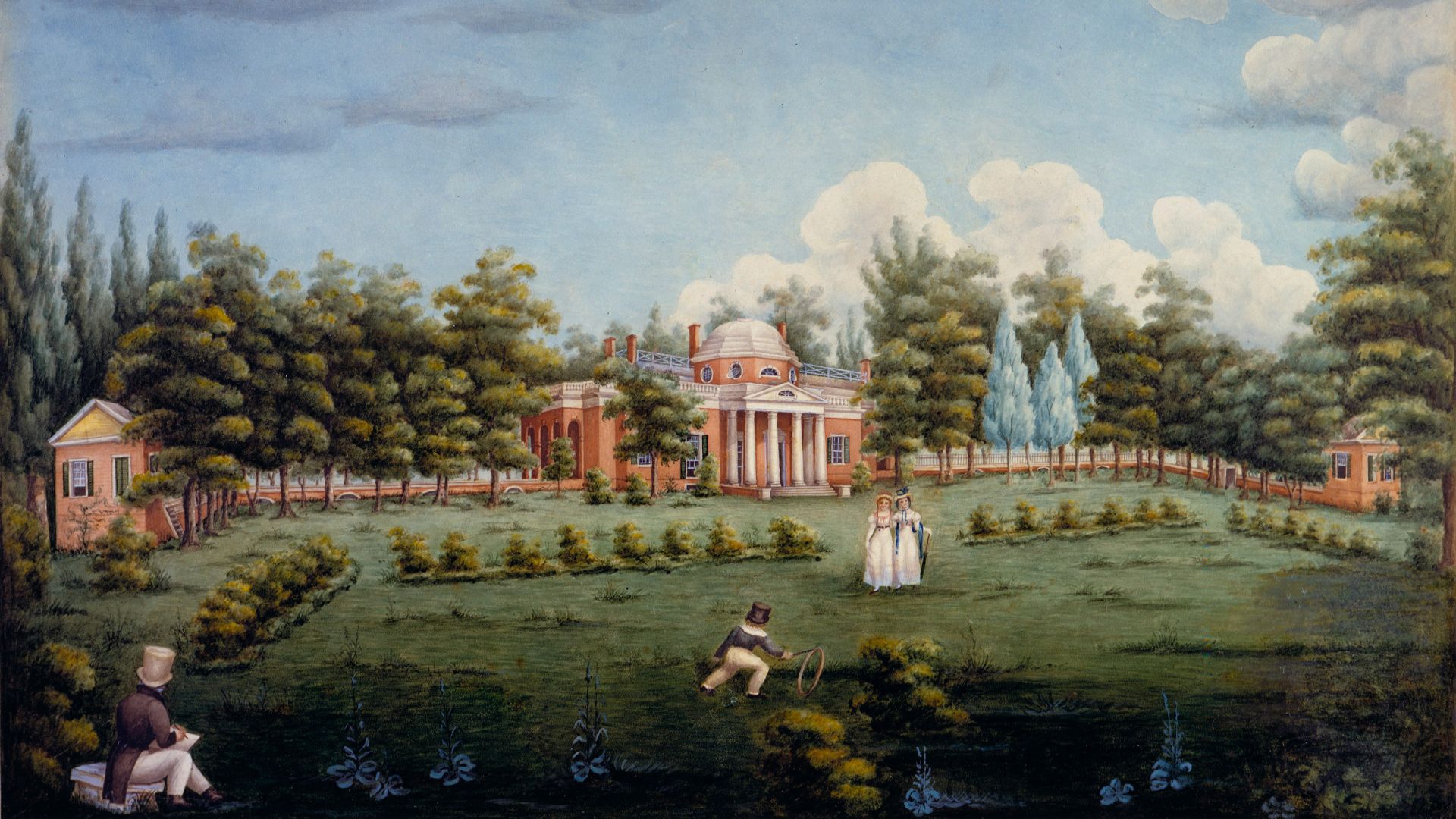 File:View of the West Front of Monticello and Garden, depicting Thomas Jefferson's grandchildren at Monticello, watercolour on paper by Jane Braddick Peticolas 1825 at Monticello.jpg