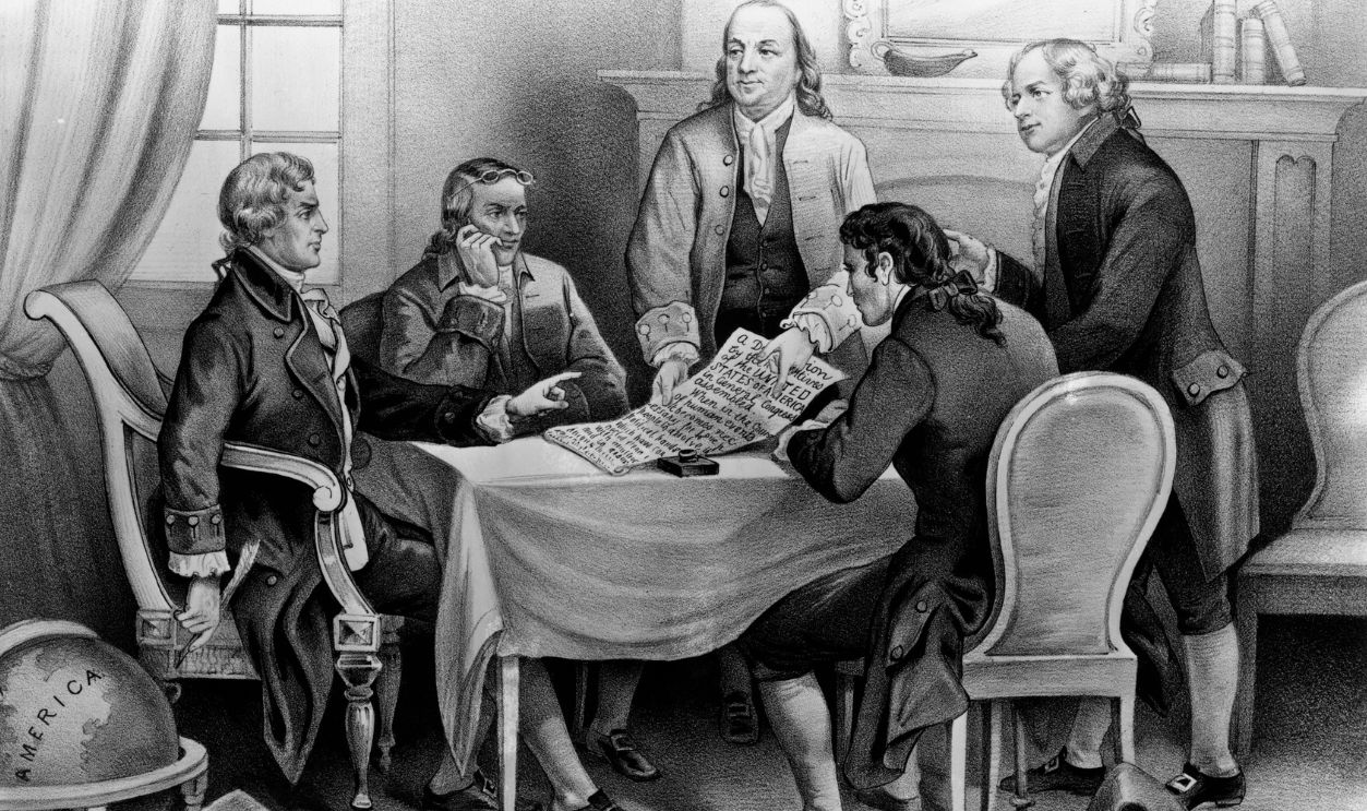 Gettyimages - 3092203, Declaration Committee 1776: The committee which drafted the Declaration of Independence. From left: Thomas Jefferson (1743 - 1826), Roger Sherman (1721 - 1793), Benjamin Franklin (1706 - 1790), Robert R Livingston (1746 - 1813) and John Adams (1735 - 1826). Original Artwork: Printed by Currier & Ives.