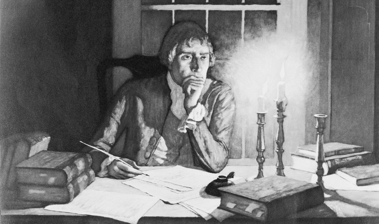 Gettyimages - 515571902, Thomas Jefferson Thomas Jefferson drafting Declaration of Independence; painting by N.C. Wyeth. 