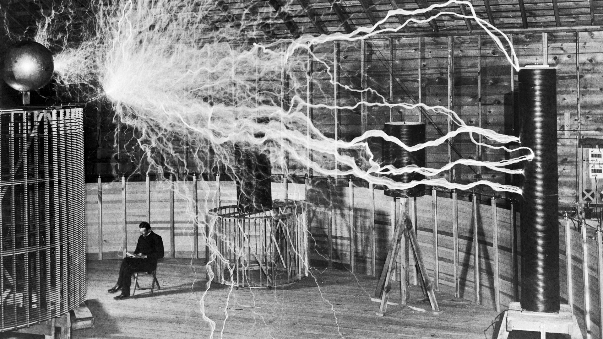File:Nikola Tesla, with his equipment Wellcome M0014782 - restoration2.jpg
