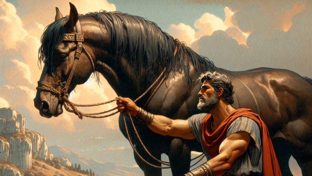 A regal man holding his horse