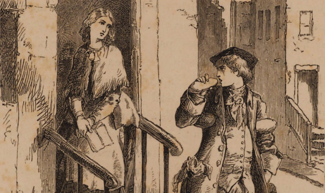 Gettyimages - 113632789, Benjamin Franklin (1706-1790) American printer, scientist and statesman. Franklin arriving in Philadelphia in 1723 and passing the door of his future father-in-law and seeing Deborah Read who was to be his wife. Engraving, London 1852. Wood engraving. 