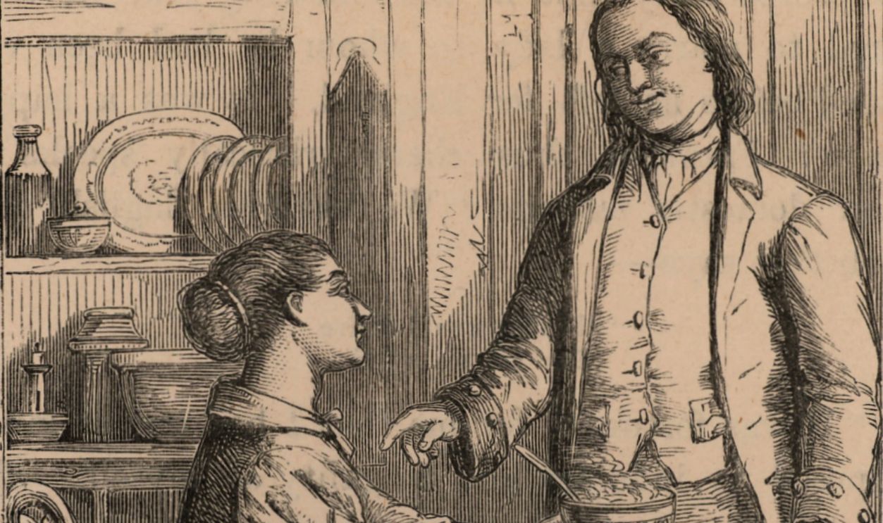 Gettyimages - 113632790, Benjamin Franklin (1706-1790) American printer, scientist and statesman. Franklin, having become more successful, is surprised when Deborah, his wife, serves his breakfast in a china bowl with a silver spoon, rather than in an earthenware bowl with a pewt...