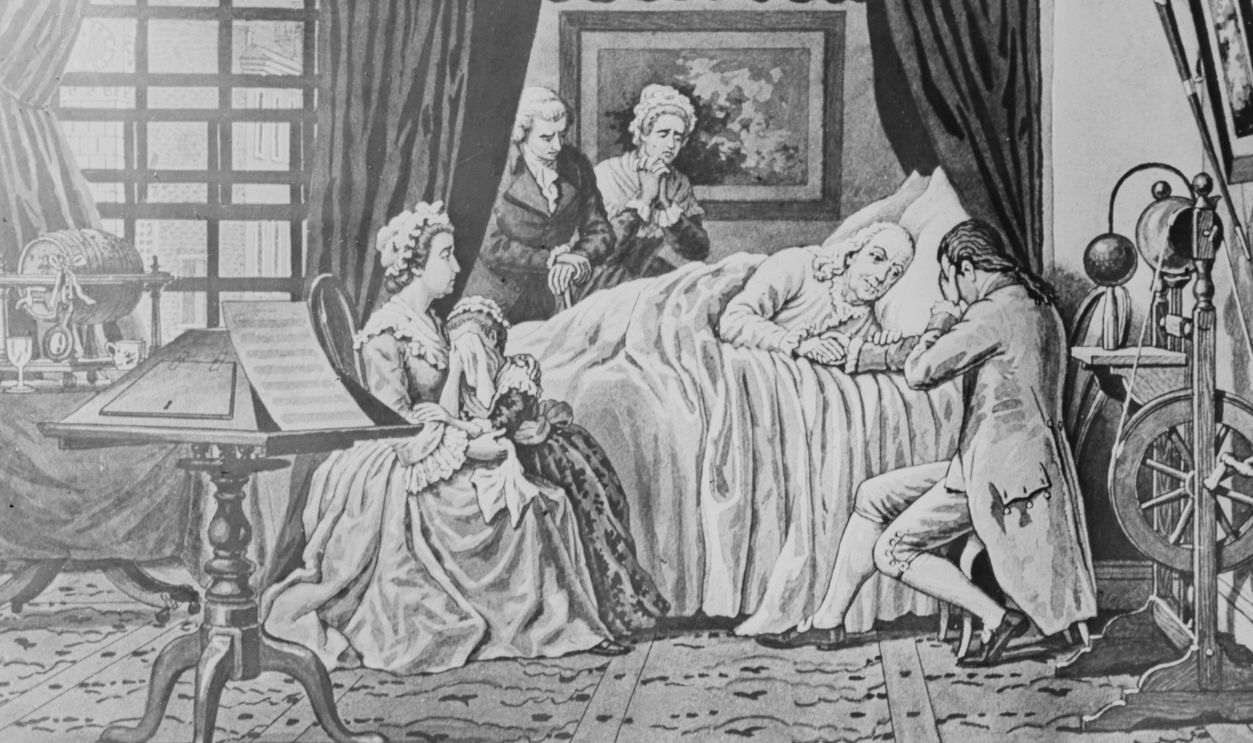 Gettyimages - 514895594, Illustration of Benjamin Franklin on His Death Bed Illustration of Benjamin Franklin on His Death Bed 