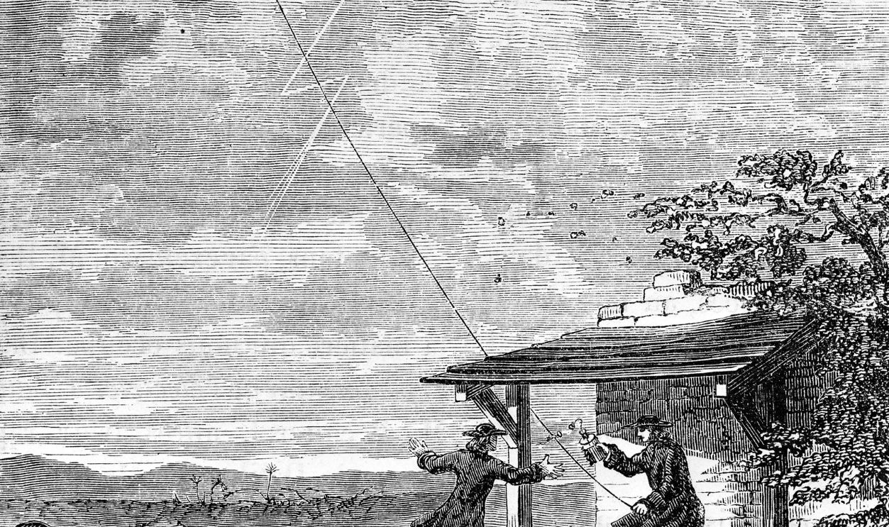 Gettyimages - 56233927, Benjamin Franklin, philosopher, physicist and Amer UNSPECIFIED - CIRCA 1752: Benjamin Franklin, philosopher, physicist and American statesman, testing its lightning conductor assembled on a kite.