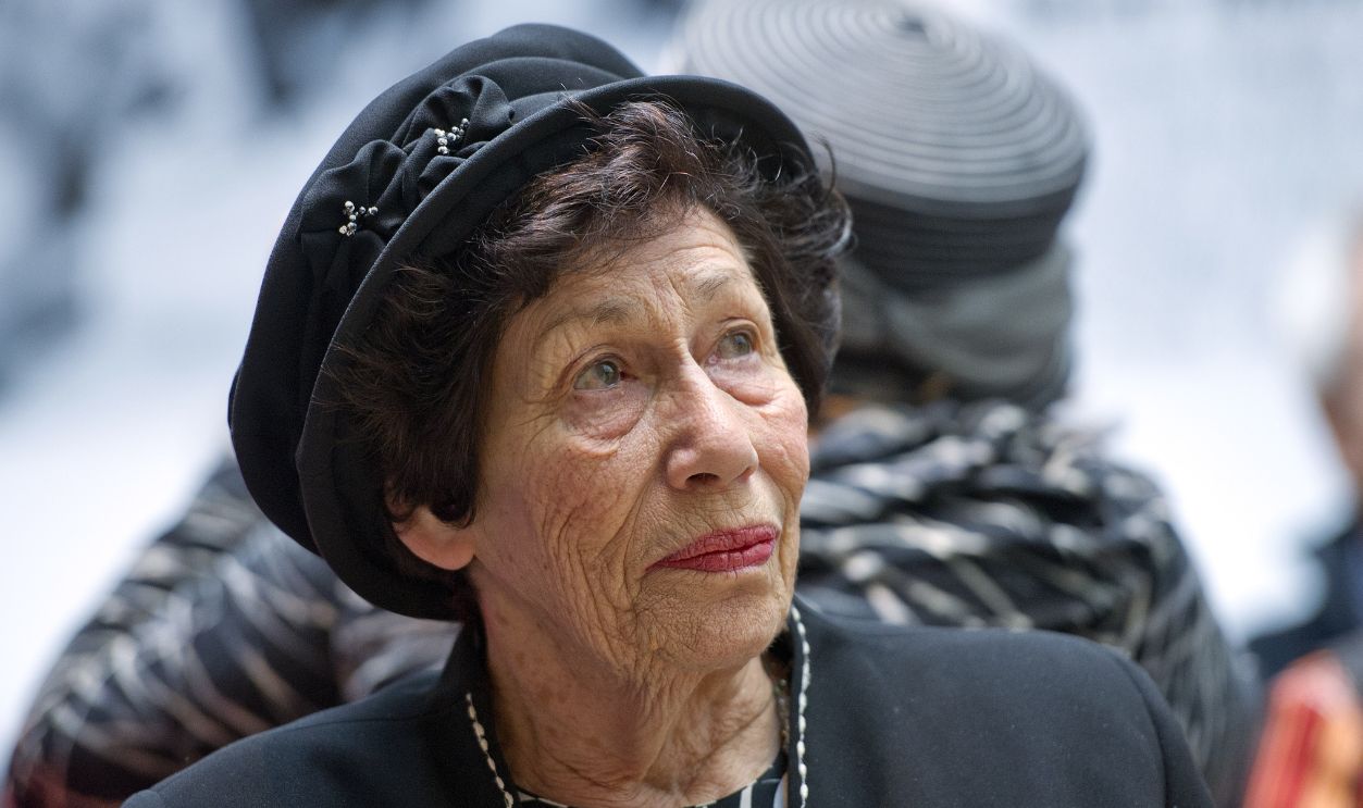Dutch Holocaust survivor and childhood friend of Jewish teenager Anne Frank, Hanneli Pick-Goslar (R), attends on October 11, 2012 the opening of the 
