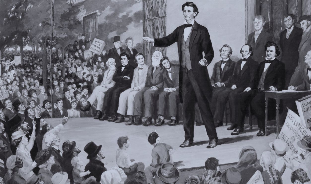 Gettyimages - 515788301, Abraham Lincoln, Painting of Abraham Lincoln giving a speech on stage, at the Lincoln-Douglas debate at Knox College, Galesburg, Illinois, October 7th 1858. Print from the original painting by Ralph Fletcher Seymour.