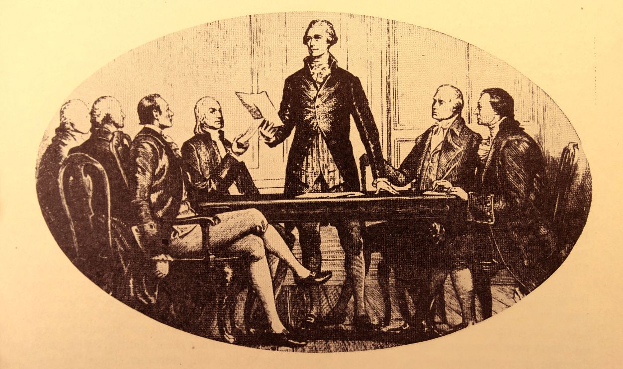 Alexander Hamilton (1755 or 1757 - 1804), first United States Secretary of the Treasury 1789-1795 appointed by George Washington. One of the founding fathers of the United States. His plan for the 