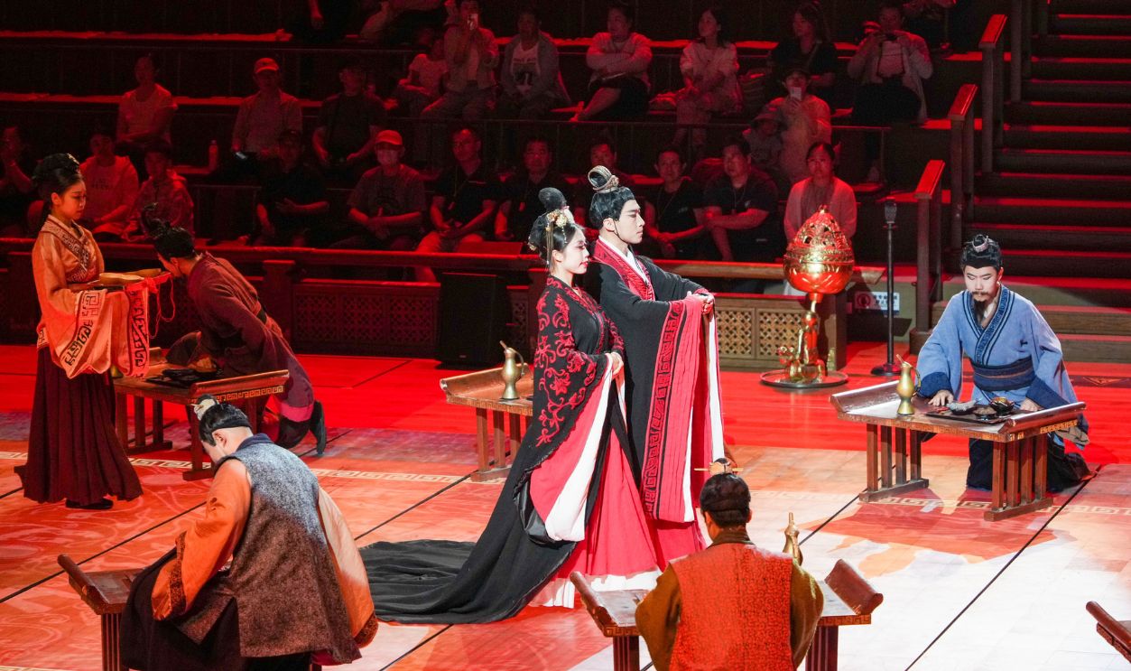 Artists stage a performance on confucianism in Qufu, east China's Shandong Province, May 21, 2025. Qufu, the birthplace of the renowned philosopher Confucius, has been blending Confucian culture with tourism, featuring a variety of art performances, exhibitions and folk culture activities, which attract many visitors each year.