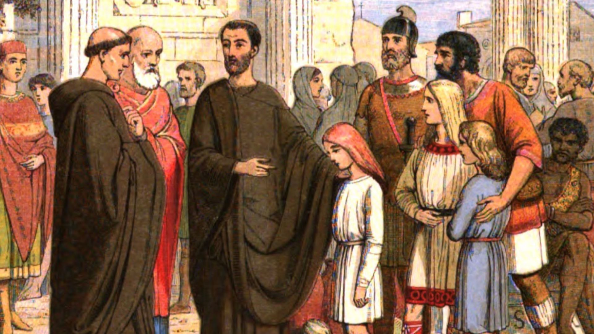 File:A Chronicle of England - Page 022 - Gregory and the English Slaves at Rome.jpg