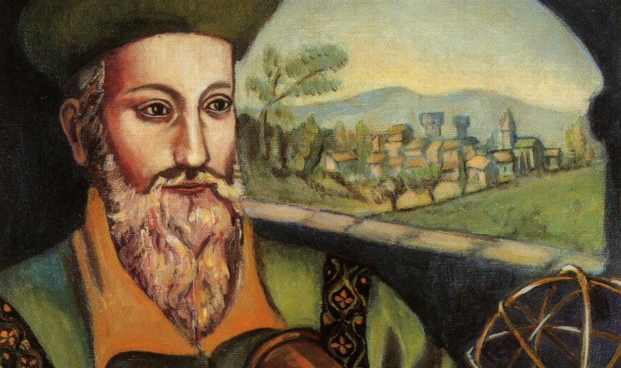 Farbdruck, Nostradamus, Michel de Nostredame, mit Fernrohr, in La Maison de Nostradamus, Salon de Provence, Frankreich,