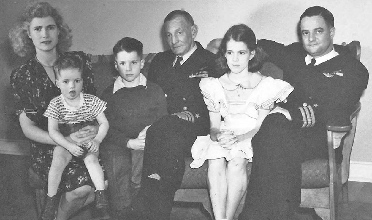 Portrait of members of the McCain family, circa 1944. Pictured are, from left, Roberta McCain (1912 - 2020), her sons, (future member of the US Navy, actor, and journalist) Joe McCain and (future US Navy officer and US Senator) John S McCain III (1936 - 2018), her father in law, US Navy Admiral John S McCain Sr (1884 - 1945), her daughter, Jean Alexandra 'Sandy' McCain (later Morgan, (1934 - 2019), and her husband, US Navy Commander (and future Admiral) John S McCain Jr (1911 - 1981).