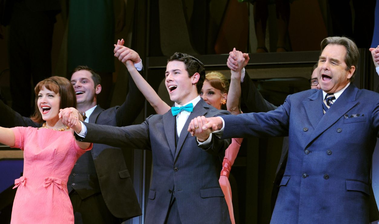 Rose Hemingway, Nick Jonas and Beau Bridges attend the curtain call of Nick Jonas' debut in