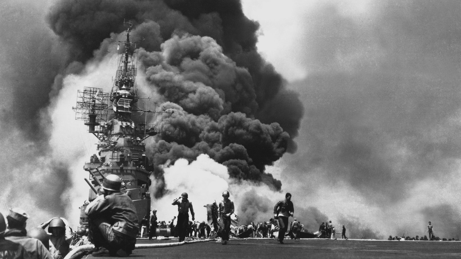 File:USS Bunker Hill hit by two Kamikazes.jpg
