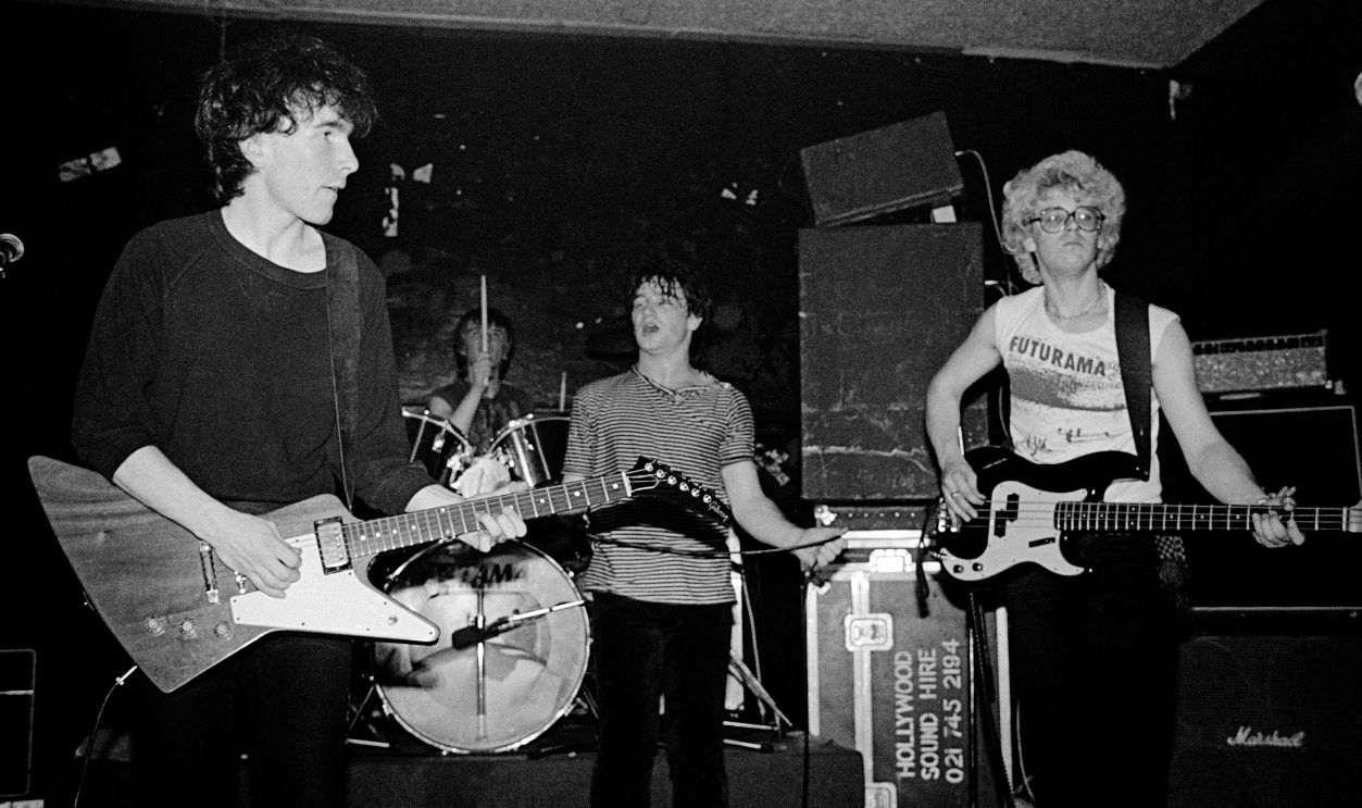 U2, Larry Mullen, Adam Clayton, The Edge and Bono live on stage on Boy Tour in Appeldorne, 17th October 1980.