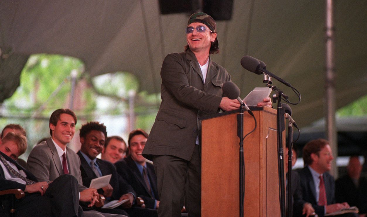  During Harvard Class Day, Bono of U2 addresses the senior class. 