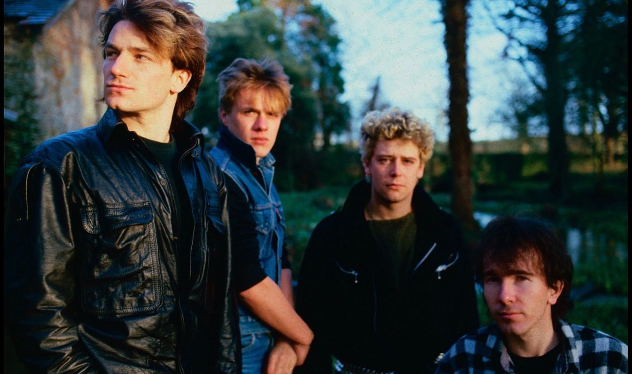 Portrait of the members of Irish Rock group U2, Dublin, Ireland, 12/21/1982. Pictured are, from left, Bono, Larry Mullin Jr, Adam Clayton, and the Edge (David Evans).