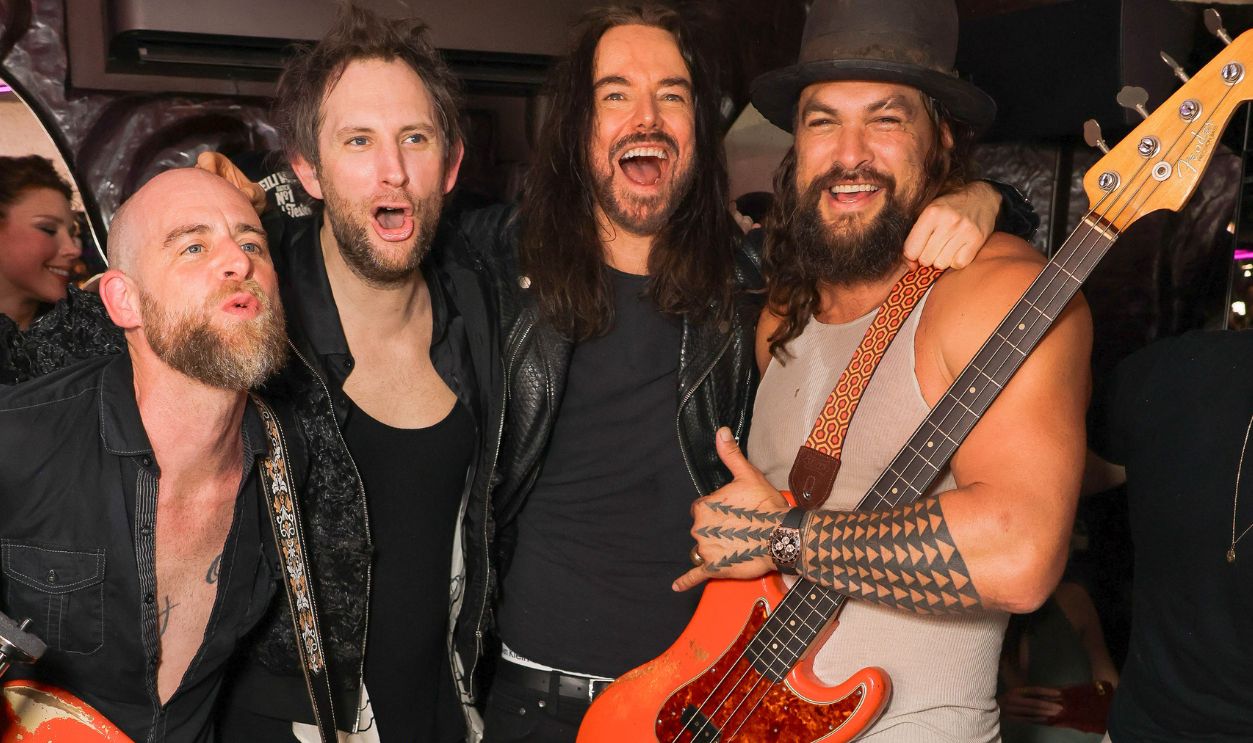 (L to R) Kenny Dale Borill, Mike Hayes of Oof Tatata, Marc Jacques-Burton, Jason McNab and Jason Momoa attend the grand opening of The Rex Rooms hosted by co-owners Jason Momoa, Marc Jacques Burton & Jason McNab on March 8, 2025 in London, England.