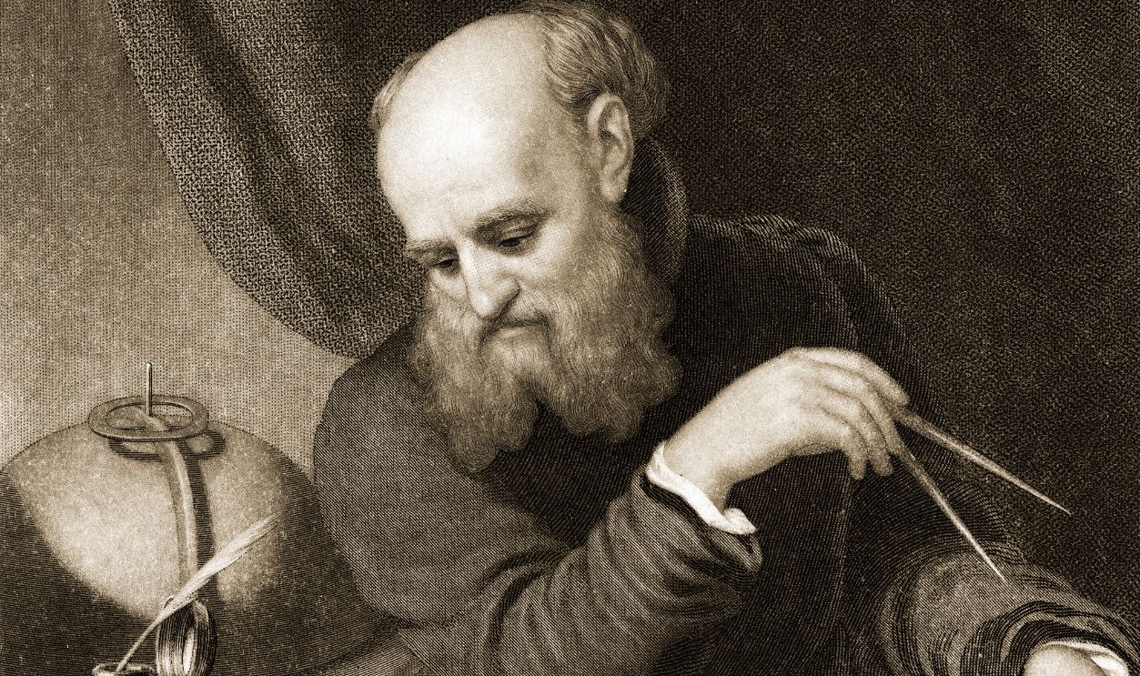 Vintage portrait of Galileo Galilei in his study, with a compass and manuscript with diagrams; engraving, circa 1880.