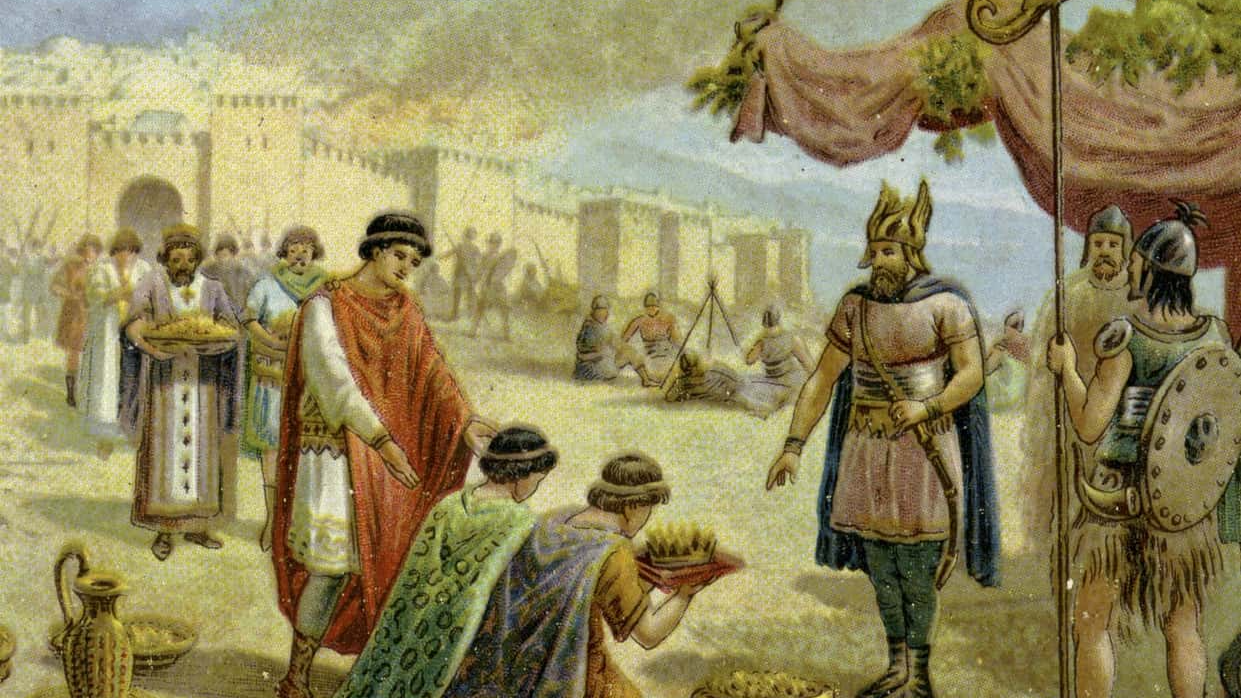 Attila the Hun (died 453), leader of the Hunnic Empire, is offered a tribute at the walls of Byzantine. Attila was one of the most fearsome enemies of Roman Empire but refrained from attacking the cities of Constantinople and Rome. From Liebig series: Episodes historiques de l'Empire d'Orient, 1910, No 1.