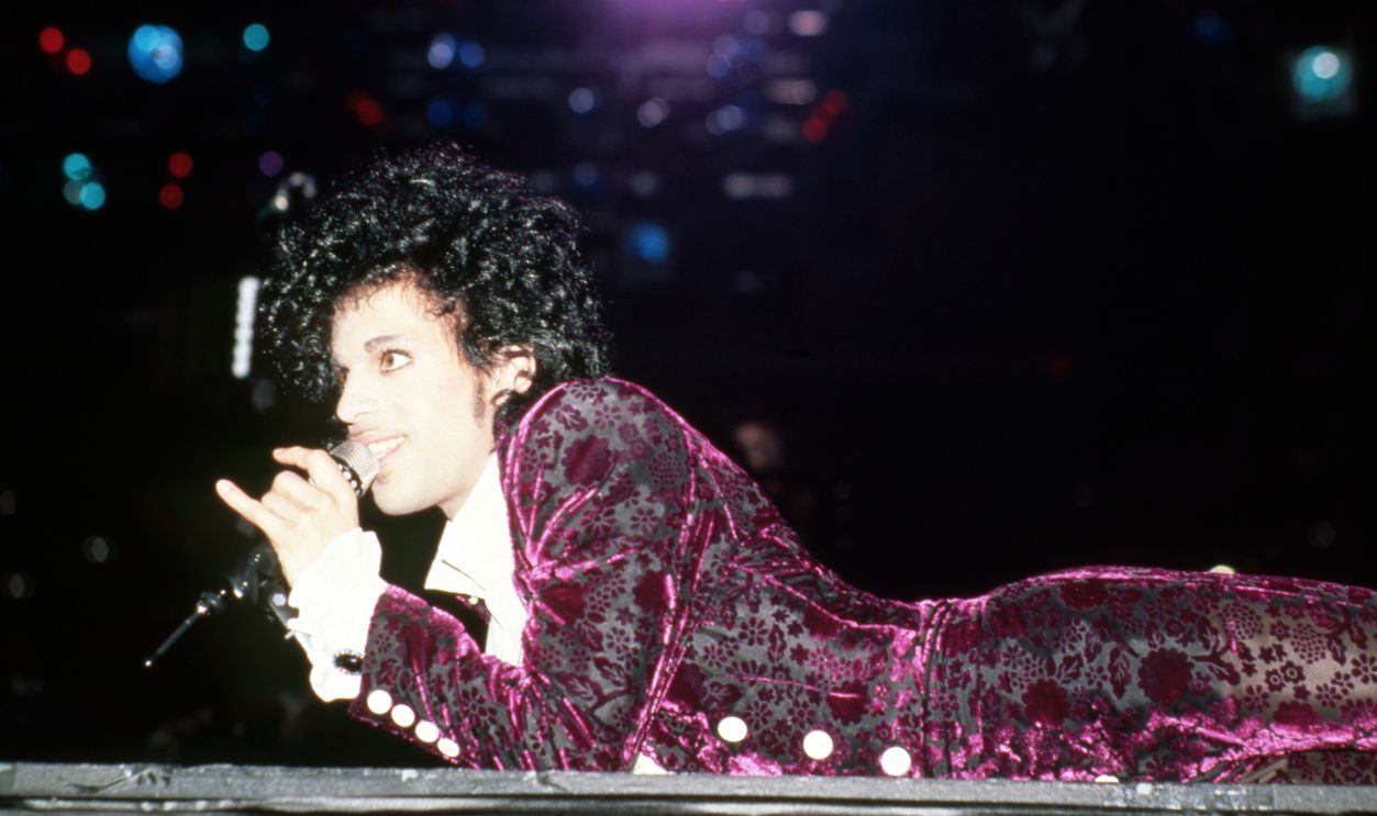 American singer Prince (1958-2016) performs onstage during the 1984 Purple Rain Tour on November 4, 1984, at the Joe Louis Arena in Detroit, Michigan. 