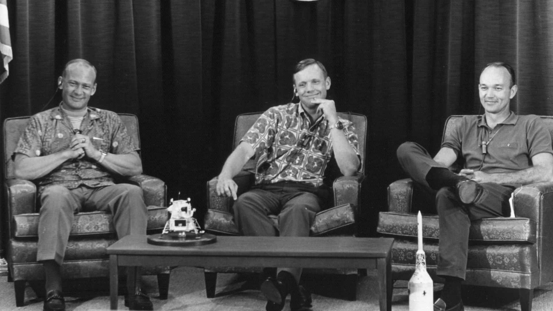File:Buzz Aldrin, Neil Armstrong, and Michael Collins during the last pre-flight press conference.jpg