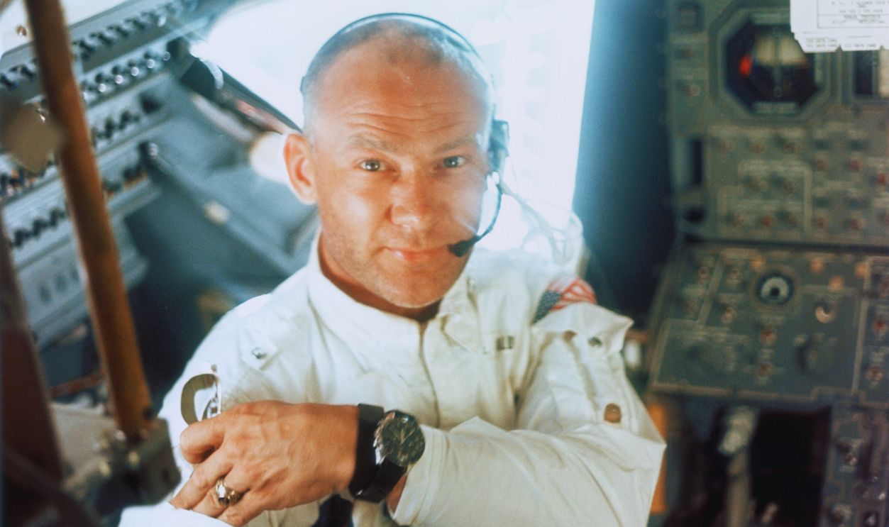 Lunar Module pilot Edwin E. Aldrin Jr on board the Lunar Module during the Apollo 11 lunar landing mission, 20th July 1969.