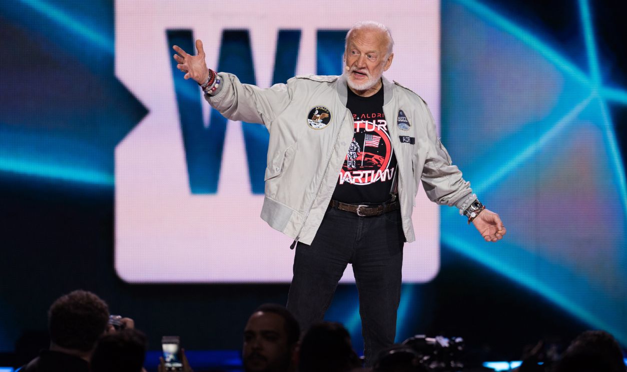 Apollo XI and Gemini 12 astronaut and Global Space Station statesman Buzz Aldrin speaks during WE Day at KeyArena on April 21, 2017 in Seattle, Washington.