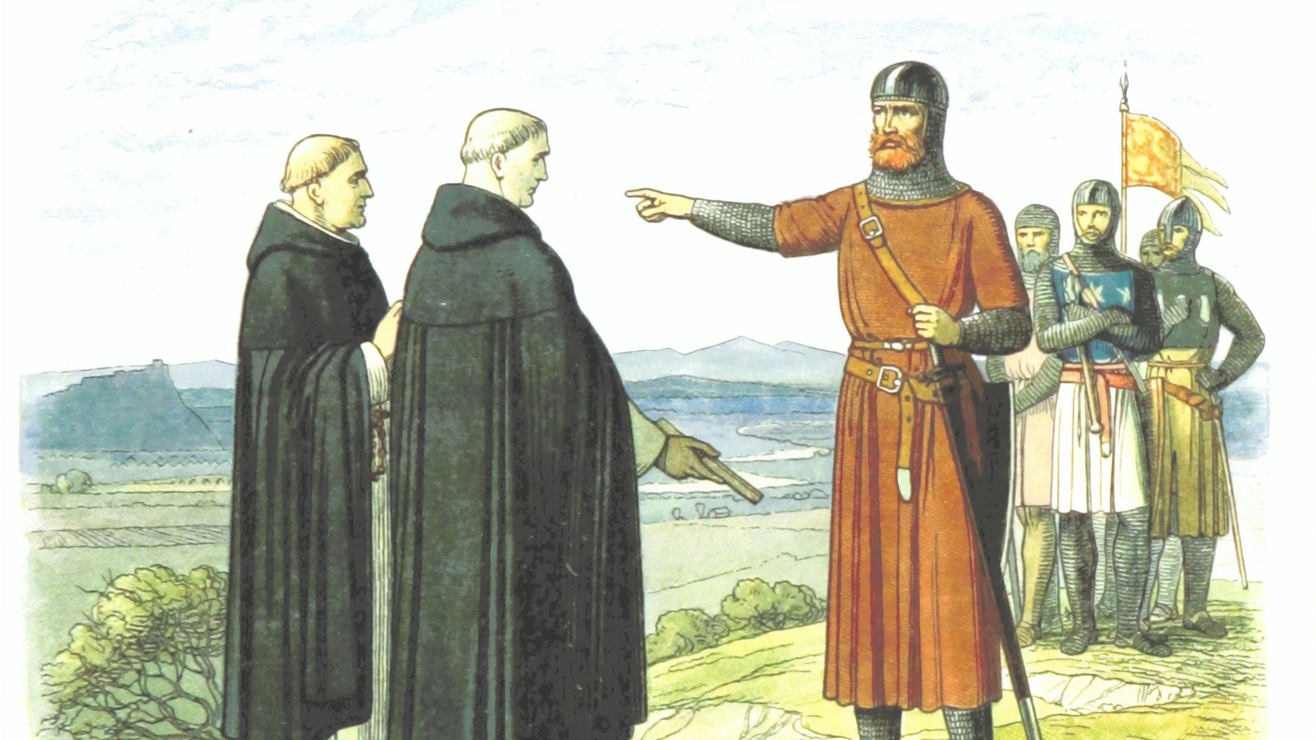 two priests standing in front of a soldier painting