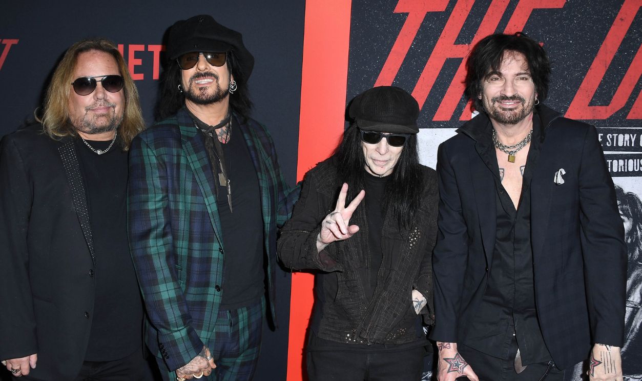 (L-R) Vince Neil, Nikki Sixx, Mick Mars and Tommy Lee of Motley Crue arrives at the Premiere Of Netflix's The Dirt at ArcLight Hollywood on March 18, 2019 in Hollywood, California.