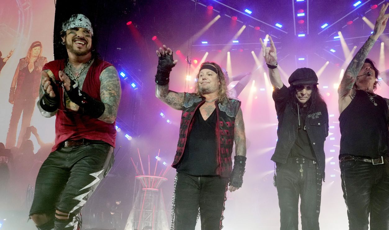 Nikki Sixx, Vince Neil, Mick Mars and Tommy Lee of Motley Crue perform onstage during The Stadium Tour at Nationals Park on June 22, 2022 in Washington, DC.