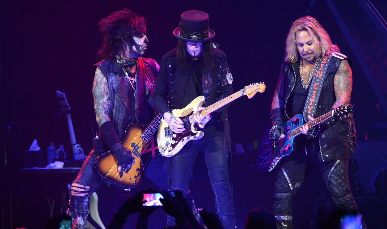 Nikki Sixx, Mick Mars and Vince Neil perform onstage during Motley Crue: The Final Tour