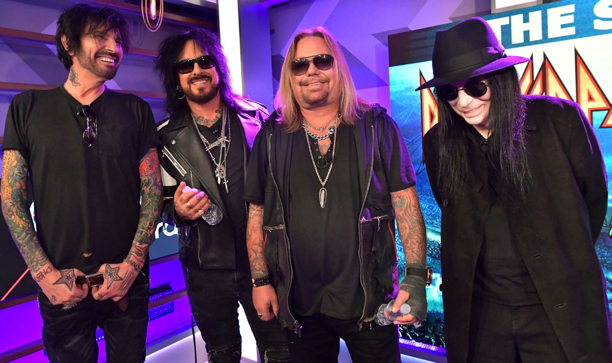 (L-R) Tommy Lee, Nikki Sixx, Vince Neil, and Mick Mars of M?tley Cr?e attend the press conference for THE STADIUM TOUR DEF LEPPARD - MOTLEY CRUE - POISON at SiriusXM Studios on December 04, 2019 in Los Angeles, California.