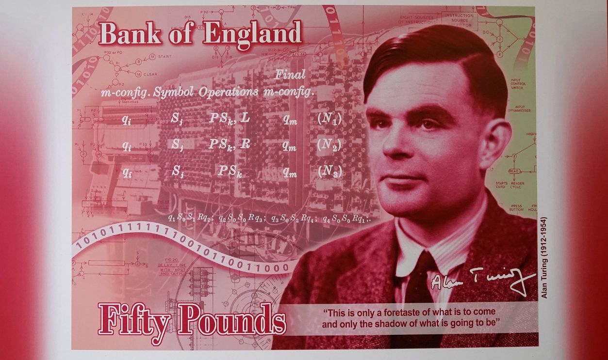 MANCHESTER, ENGLAND - JULY 15: An artists illustration of the Alan Turing 50 GBP bank note unveiled by The Governor of the Bank of England, Mark Carney at the Manchester Science and Industry Museum on July 15, 2019 in Manchester, England. The general public were asked to 'Think Science' and nominate characters from the field of science for the next £50. Alan Turing was selected from over 200,000 nominations for nearly 1000 eligible scientists. (Photo by Christopher Furlong/Getty Images)