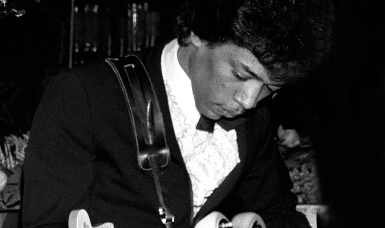 Gettyimages - 2174929637, Jimi Hendrix, May 1966 Jimi Hendrix performs as part of King Curtis's band at the Prelude Club in New York City on May 5, 1966.