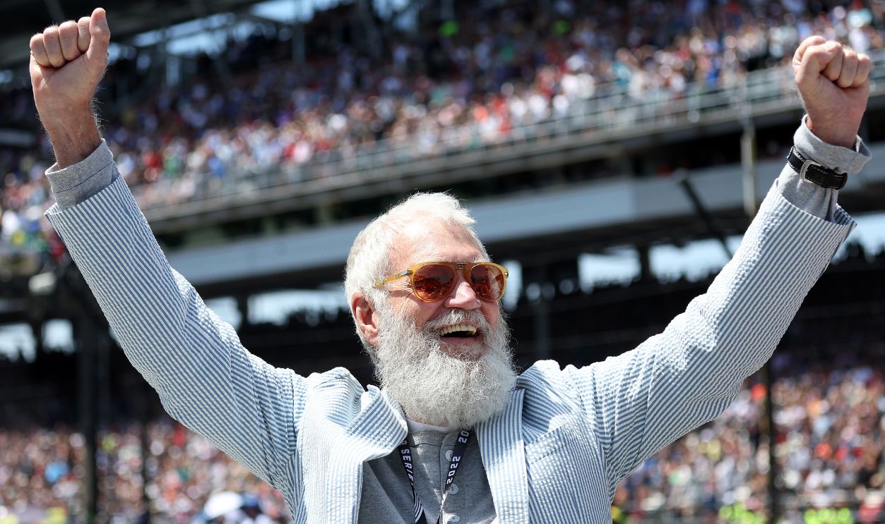 Comedian David Letterman reacts after a flyover prior to the 106th Running of The Indianapolis 500 at Indianapolis Motor Speedway on May 29, 2022 in Indianapolis, Indiana.