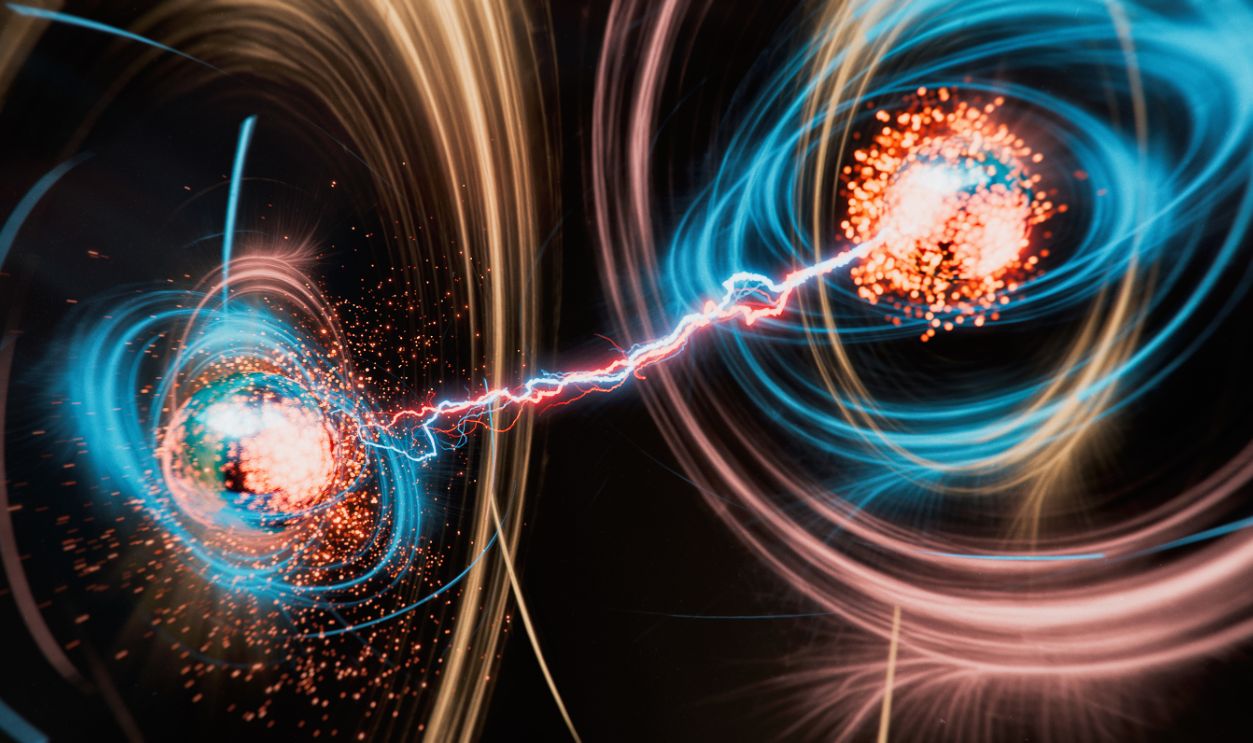  3d rendered image of quantum entanglement. Abstract background. Quantum mechanics background. Atomic structure, large collider, CERN concept. Muon Spinning particle, muon g-2, Higgs boson light speed neon stripes abstract image. Collision of Particles in the Abstract Collider.