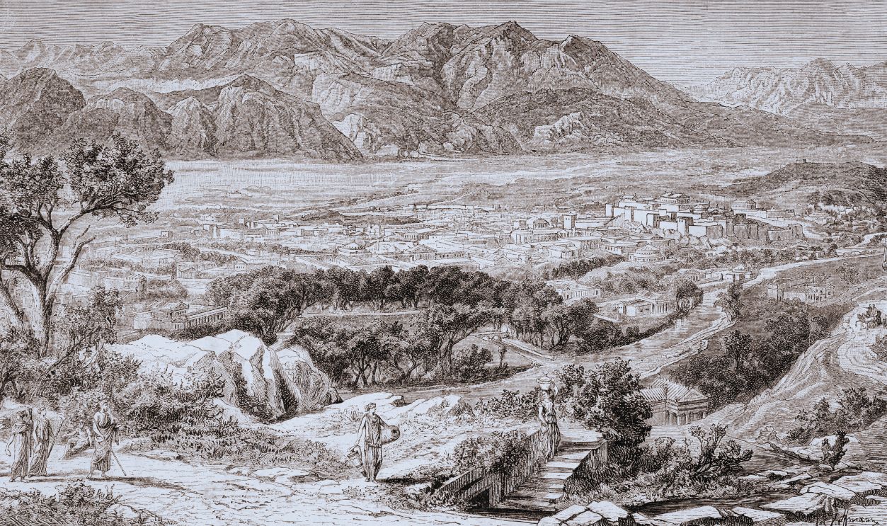 Gettyimages -188004768, Imaginary View Of The City Of Ancient Sparta With Mt Taygetus Behind
