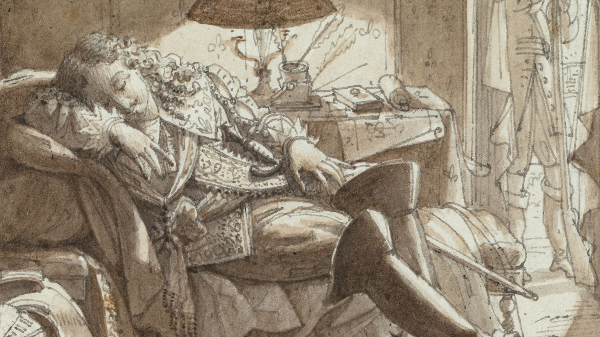 a drawing of a man sitting in a chair next to a lamp