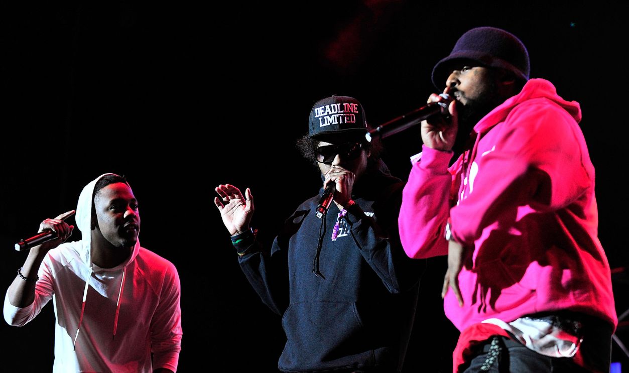 (L-R) Kendrick Lamar, Ab-Sou; and ScHoolboy Q of Black Hippy perform at Paid Dues Independent Hip Hop Festival at San Manuel Amphitheater on March 30, 2013 in San Bernardino, California.