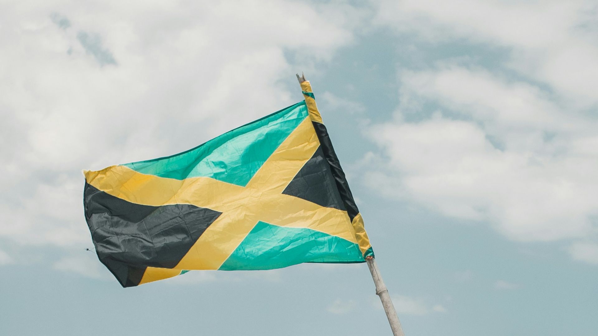 man in blue t-shirt holding flag standing on brown rock near body of water during