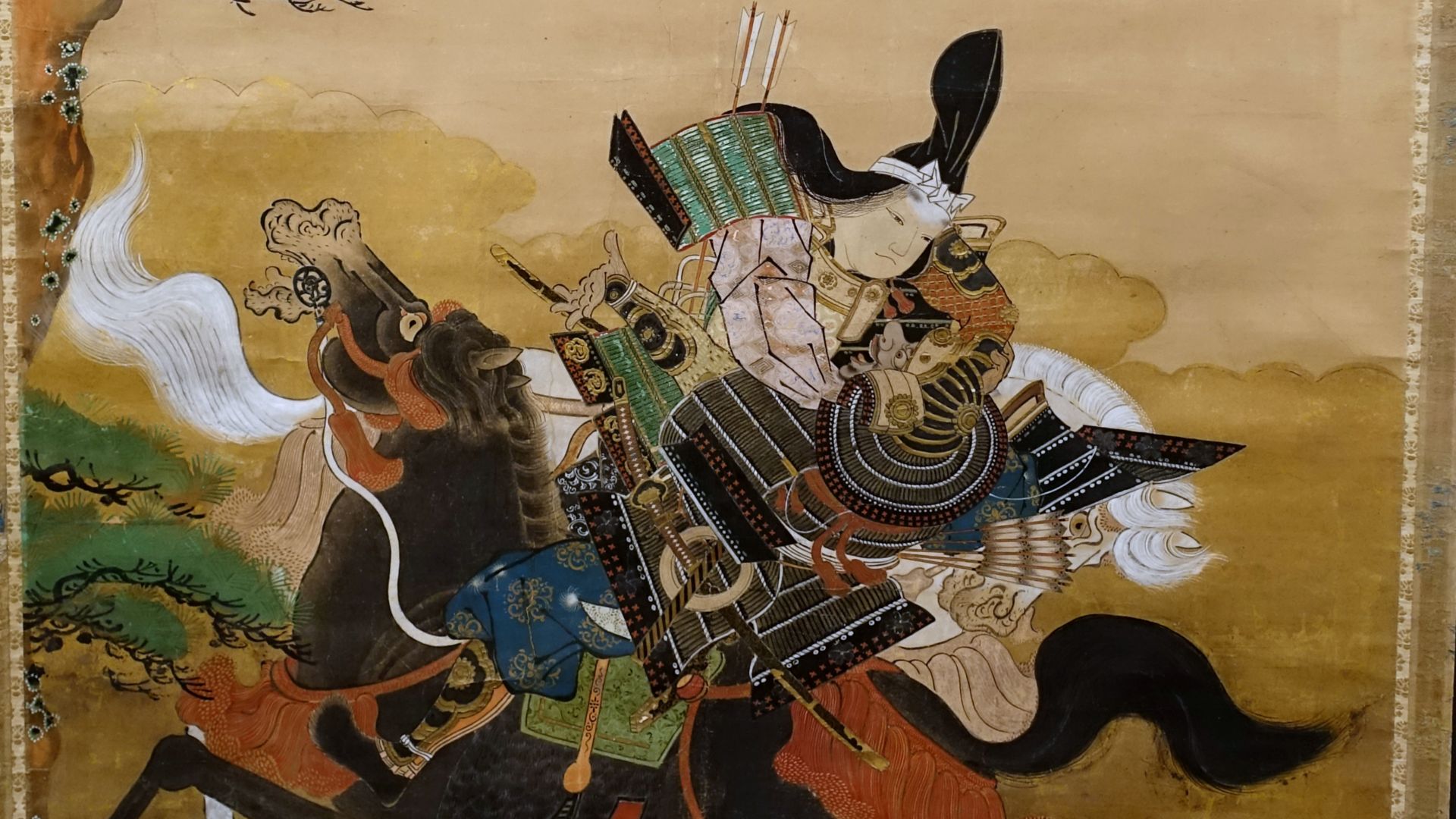 File:Female samurai Tomoe Gozen in Mortal Combat with Onda no Hachiro Moroshige, Japan, Edo period, 1600s, ink, color, gold, paper- Jordan Schnitzer Museum of Art, University of Oregon - Eugene, Oregon - DSC09363.jpg