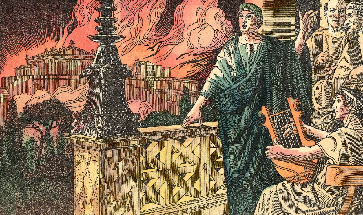 'Nero was above a tower to enjoy the spectacle and to sing along to the sound of the harp', July 18 - 27, 64 A.D. Colored woodcut by Conti, from 